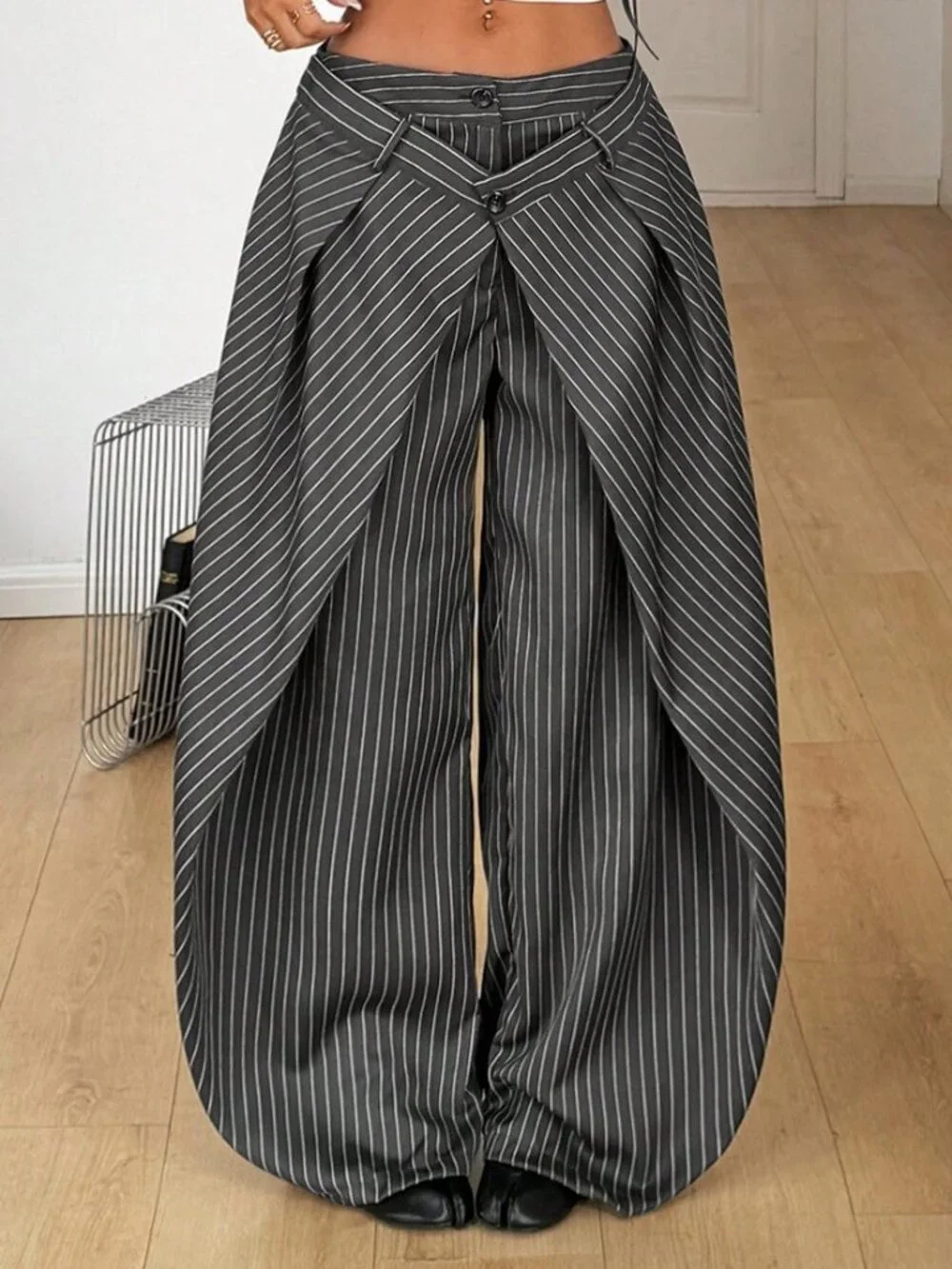 Grey Casual Women's Striped Baggy Wide Leg Curved Hem Office Pants - Picture 3 of 7